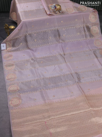 Banarasi tissue semi silk saree pastel lavender and peach pink with zari weaves & buttas and zari woven butta border