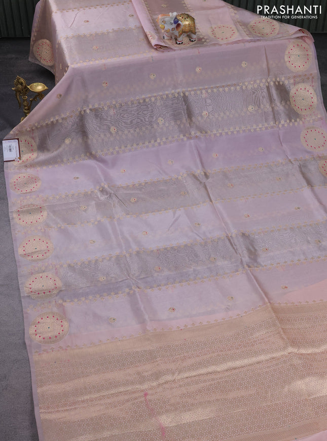Banarasi tissue semi silk saree pastel lavender and peach pink with zari weaves & buttas and zari woven butta border