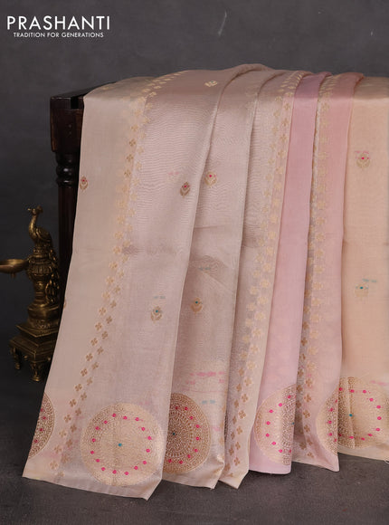 Banarasi tissue semi silk saree beige and peach pink with zari weaves & buttas and zari woven butta border