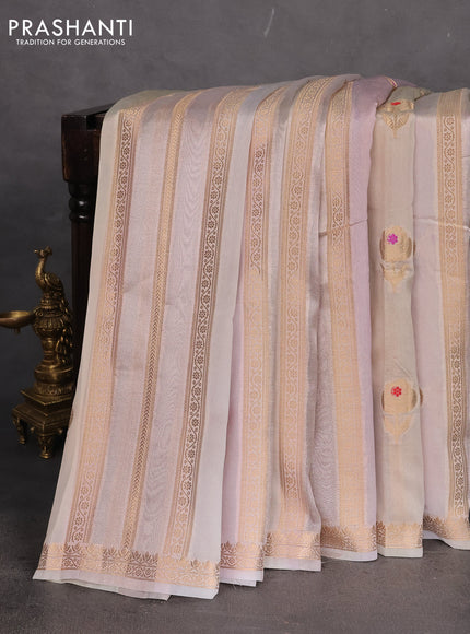 Banarasi tissue semi silk saree beige and pastel lavender with zari weaves & floral buttas and small zari woven border