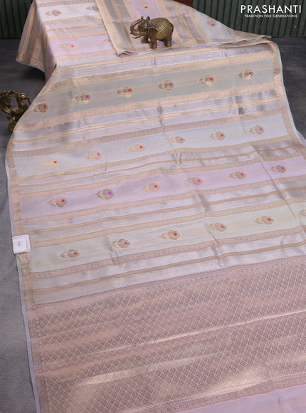 Banarasi tissue semi silk saree beige and pastel lavender with zari weaves & floral buttas and small zari woven border