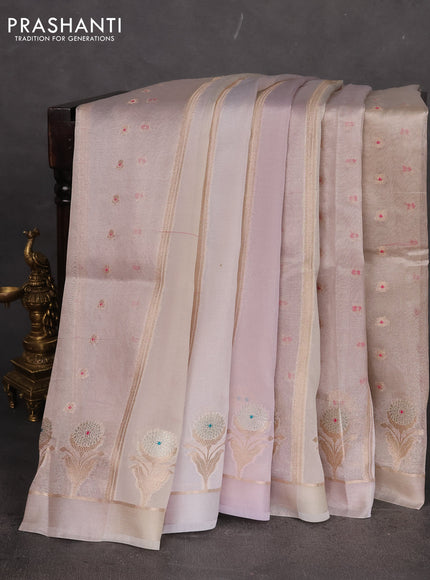 Banarasi tissue semi silk saree beige and pastel lavender with zari weaves & buttas and floral zari woven butta border