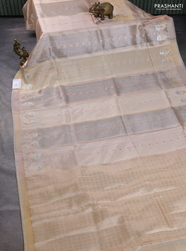 Banarasi tissue semi silk saree sandal with zari weaves & buttas and floral zari woven butta border