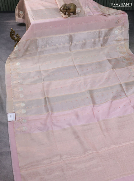 Banarasi tissue semi silk saree pastel peach pink with zari weaves & buttas and floral zari woven butta border