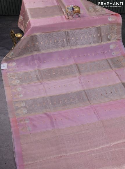 Banarasi tissue semi silk saree light pink with zari weaves & buttas and floral zari woven butta border