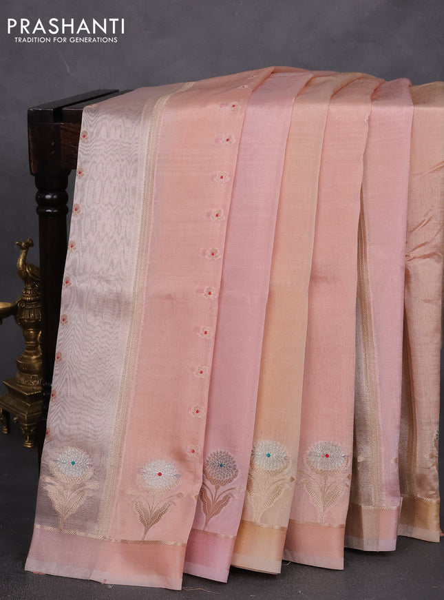Banarasi tissue semi silk saree pastel pink with zari weaves & buttas and floral zari woven butta border