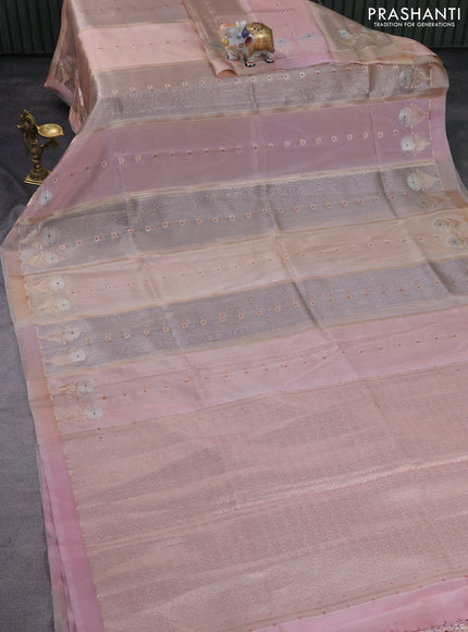 Banarasi tissue semi silk saree pastel pink with zari weaves & buttas and floral zari woven butta border