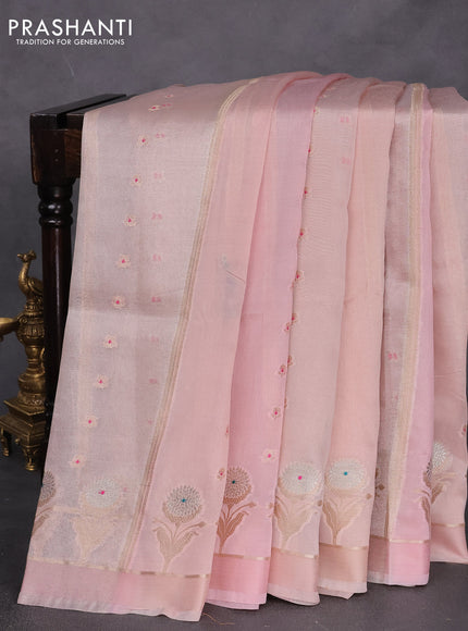 Banarasi tissue semi silk saree pastel peach with zari weaves & buttas and floral zari woven butta border