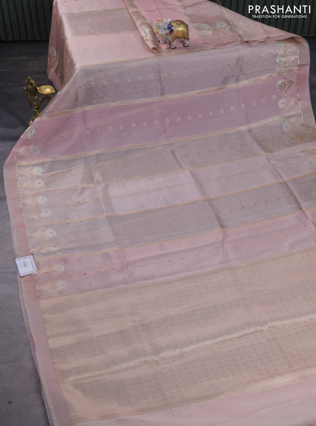 Banarasi tissue semi silk saree pastel peach with zari weaves & buttas and floral zari woven butta border