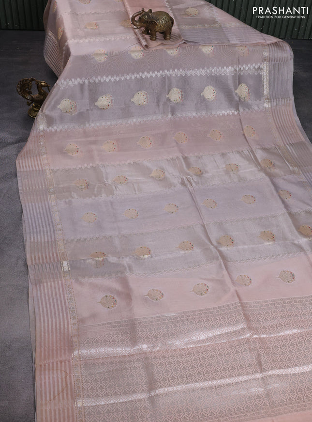 Banarasi tissue semi silk saree pastel peach and pastel grey with zari weaves & floral buttas and zari woven border