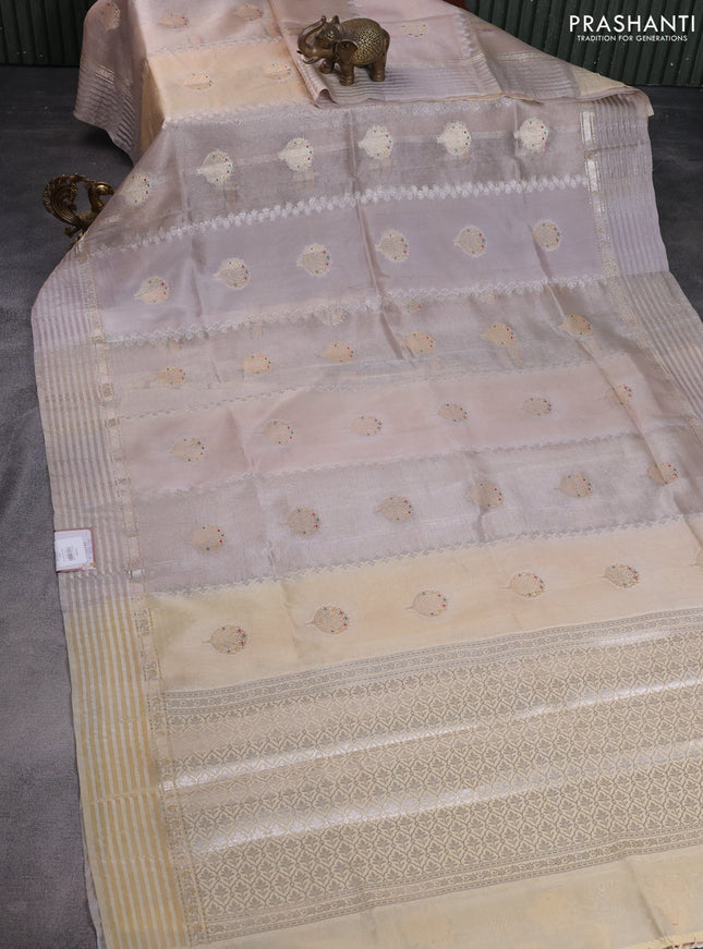 Banarasi tissue semi silk saree beige with zari weaves & floral buttas and zari woven border