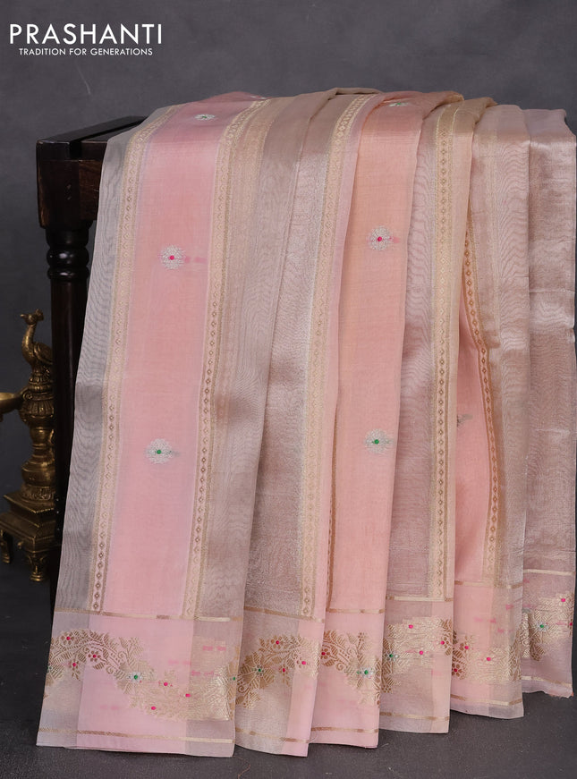 Banarasi tissue semi silk saree pale orange and peach pink with zari weaves & buttas and zari woven border