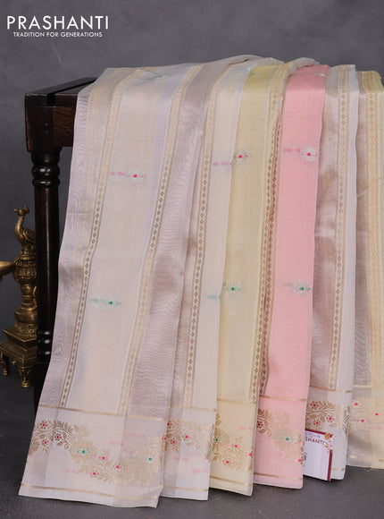 Banarasi tissue semi silk saree mild peach and cream with zari weaves & buttas and zari woven border