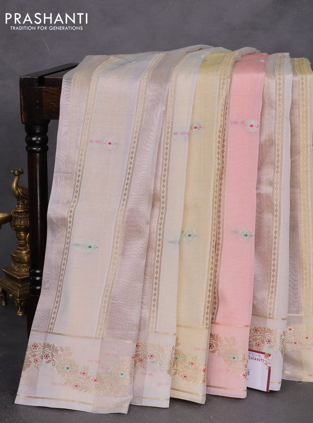 Banarasi tissue semi silk saree mild peach and cream with zari weaves & buttas and zari woven border