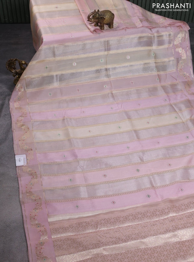 Banarasi tissue semi silk saree sandal and mild peach pink with zari weaves & buttas and zari woven border