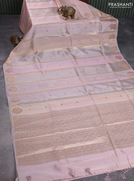 Banarasi tissue semi silk saree peach pink and pale orange with zari weaves & buttas and zari woven butta border