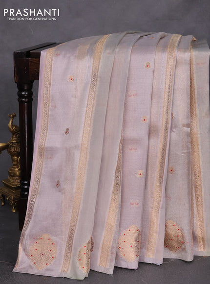 Banarasi tissue semi silk saree pastel grey and mild lavender with zari weaves & buttas and zari woven butta border