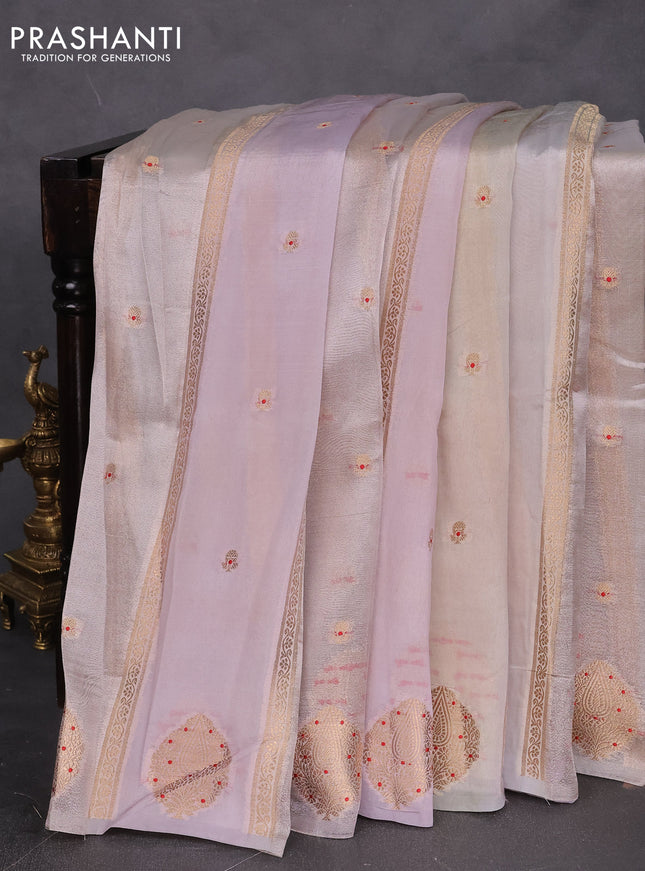 Banarasi tissue semi silk saree pastel grey and mild lavender with zari weaves & buttas and zari woven butta border