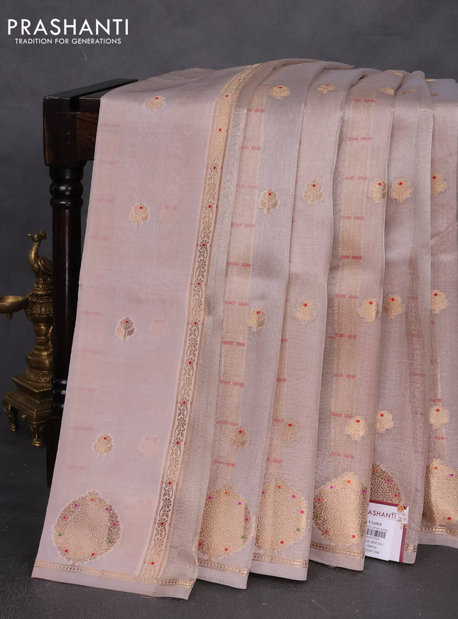Banarasi tissue semi silk saree pastel peach with zari weaves & buttas and zari woven butta border