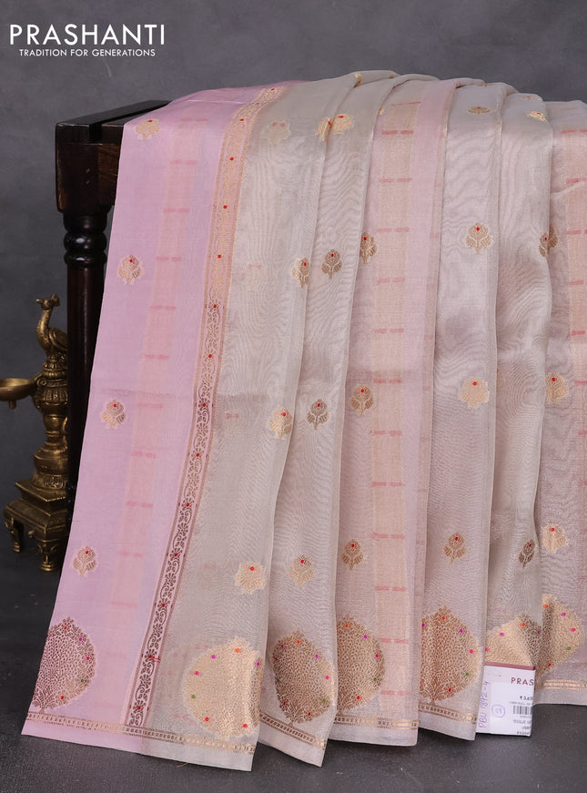 Banarasi tissue semi silk saree baby pink and mild lavender with zari weaves & buttas and zari woven butta border