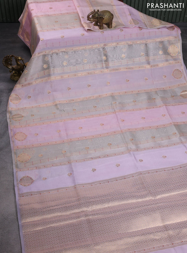 Banarasi tissue semi silk saree baby pink and mild lavender with zari weaves & buttas and zari woven butta border