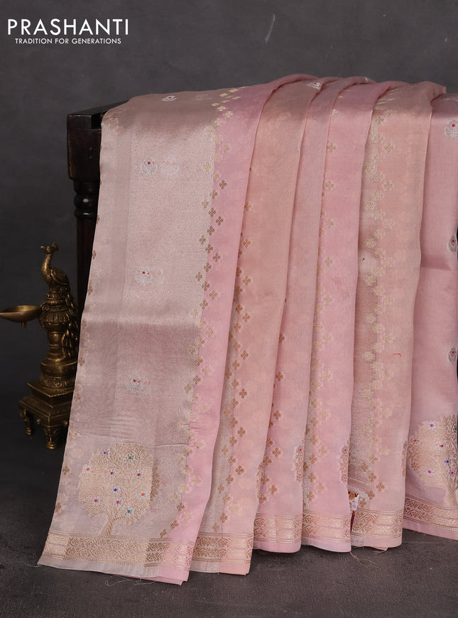 Banarasi tissue semi silk saree pastel peach with zari weaves & buttas and zari woven butta border