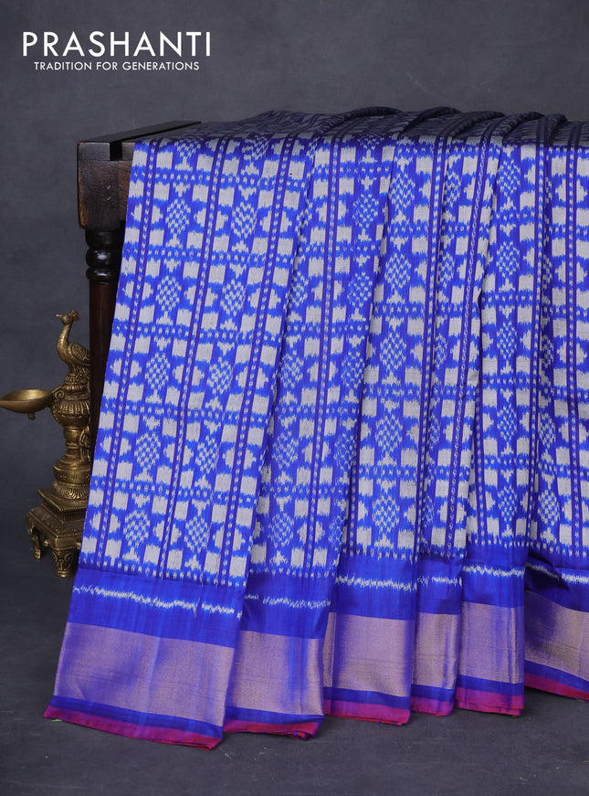 Pochampally silk saree blue and maroon with allover ikat weaves and zari woven border