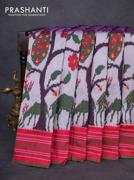 Pochampally silk saree grey and pink with allover ikat weaves and simple border