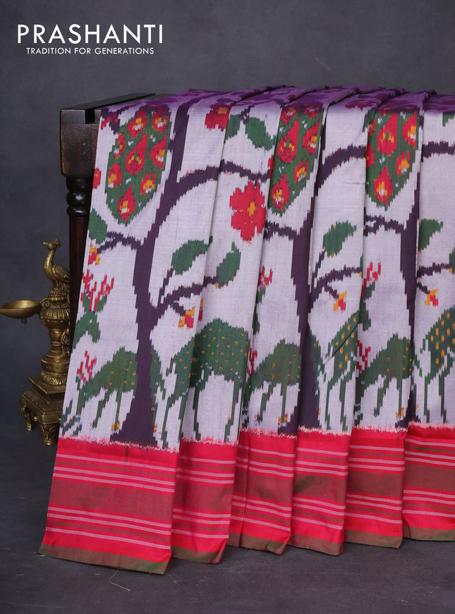 Pochampally silk saree grey and pink with allover ikat weaves and simple border