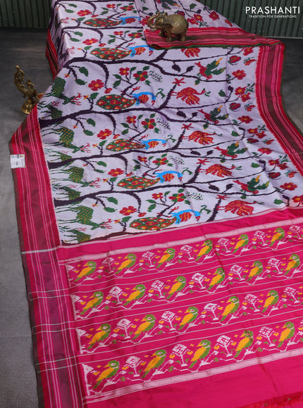 Pochampally silk saree grey and pink with allover ikat weaves and simple border