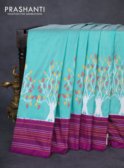 Pochampally silk saree teal green and deep purple with allover ikat weaves and simple border