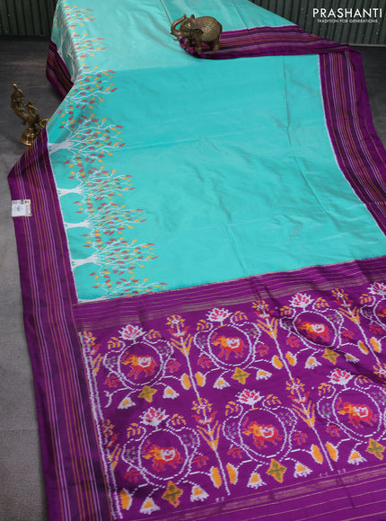 Pochampally silk saree teal green and deep purple with allover ikat weaves and simple border