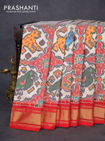 Pochampally silk saree cream and red with allover ikat weaves and zari woven border