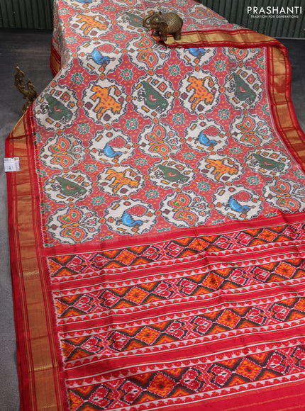 Pochampally silk saree cream and red with allover ikat weaves and zari woven border