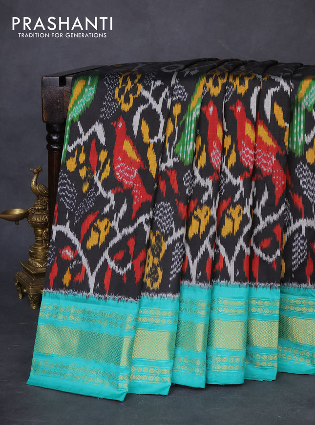 Pochampally silk saree black grey and teal green with allover ikat weaves and zari woven border