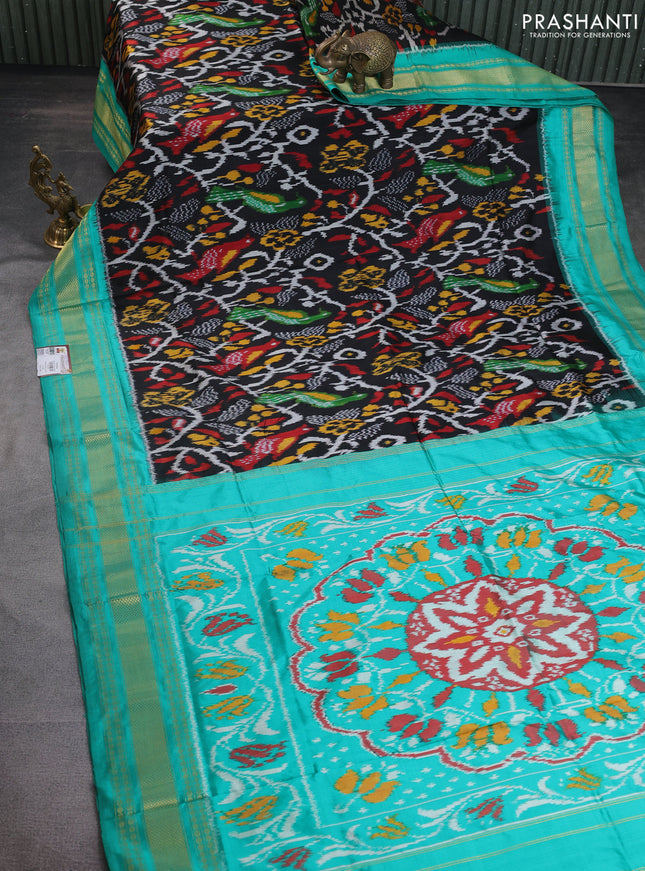 Pochampally silk saree black grey and teal green with allover ikat weaves and zari woven border