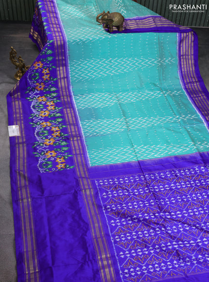 Pochampally silk saree teal green and blue with allover ikat weaves and zari woven border