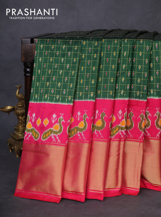 Pochampally silk saree green and pink with allover checked pattern & ikat weaves and zari woven border