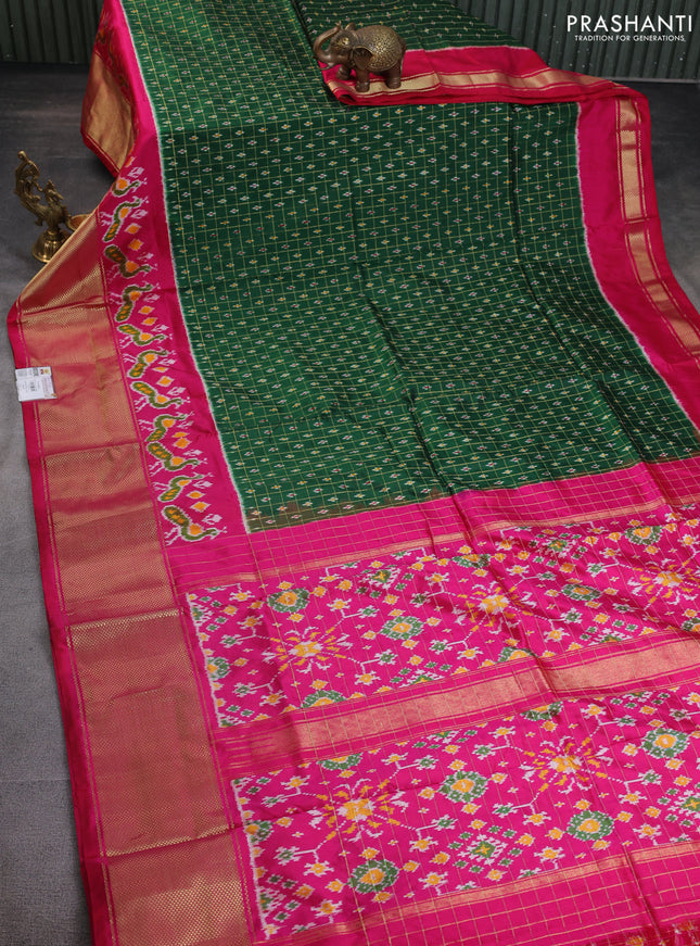 Pochampally silk saree green and pink with allover checked pattern & ikat weaves and zari woven border
