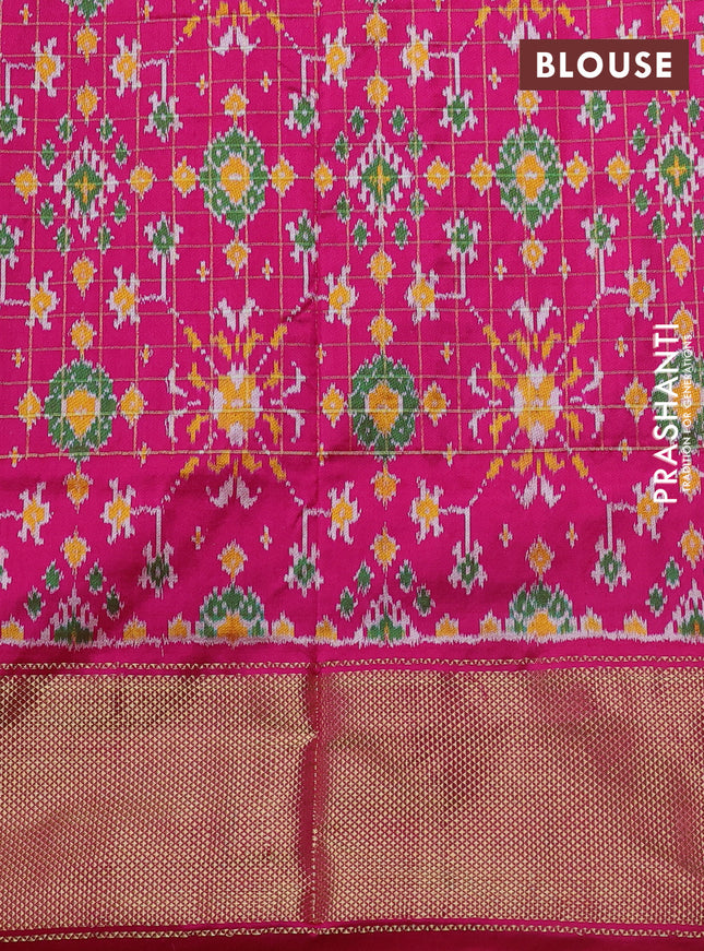 Pochampally silk saree green and pink with allover checked pattern & ikat weaves and zari woven border