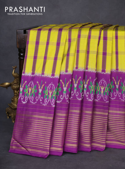 Pochampally silk saree lime yellow and deep purple with allover zari checked pattern and long ikat zari woven border