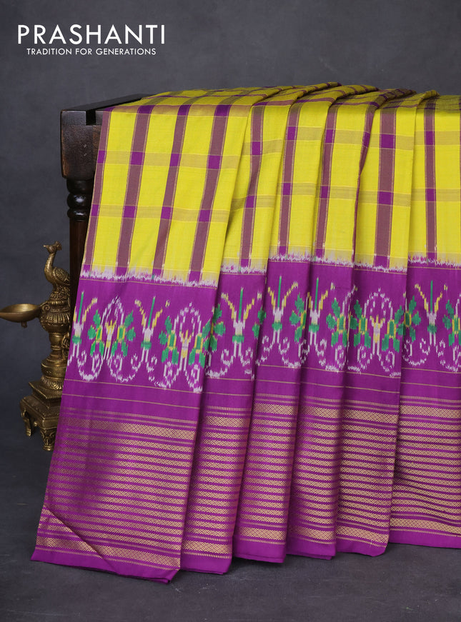Pochampally silk saree lime yellow and deep purple with allover zari checked pattern and long ikat zari woven border