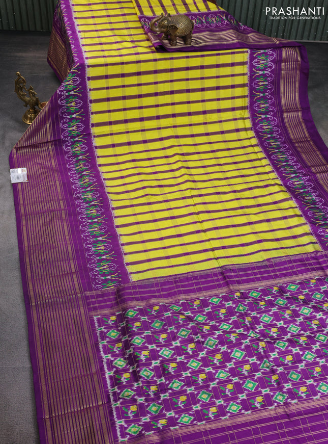 Pochampally silk saree lime yellow and deep purple with allover zari checked pattern and long ikat zari woven border