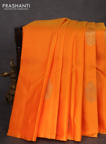 Pure kanchipuram silk saree dual shade of orange and green with zari woven buttas and piping border