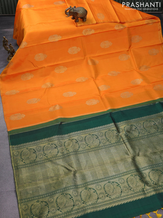 Pure kanchipuram silk saree dual shade of orange and green with zari woven buttas and piping border