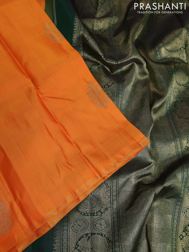 Pure kanchipuram silk saree dual shade of orange and green with zari woven buttas and piping border
