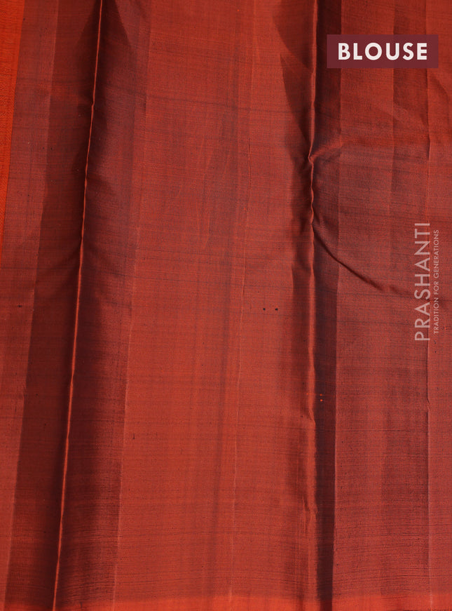 Pure kanchipuram silk saree dark green and rustic orange with annam & rudhraksha zari woven buttas and piping border