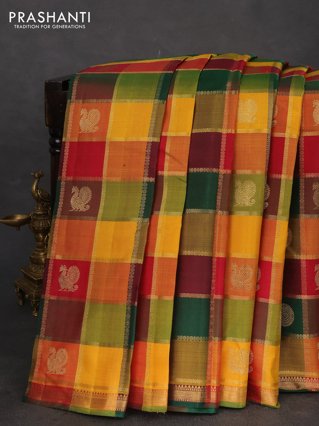 Pure kanchipuram silk saree multi colour and maroon with allover paalum pazhamum zari checks & buttas and zari woevn piping border