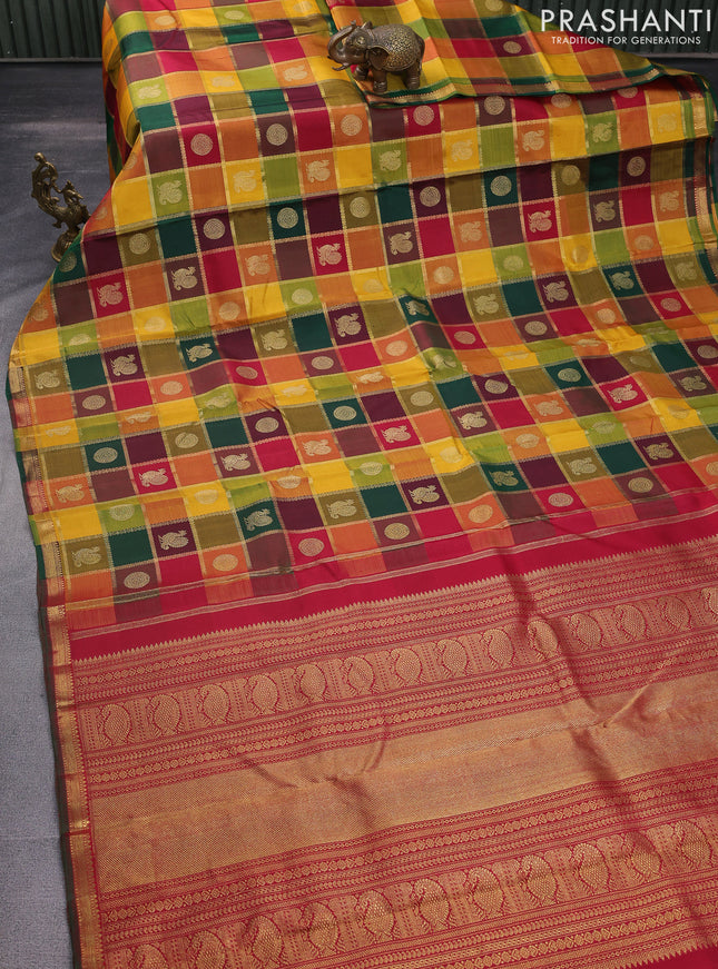 Pure kanchipuram silk saree multi colour and maroon with allover paalum pazhamum zari checks & buttas and zari woevn piping border