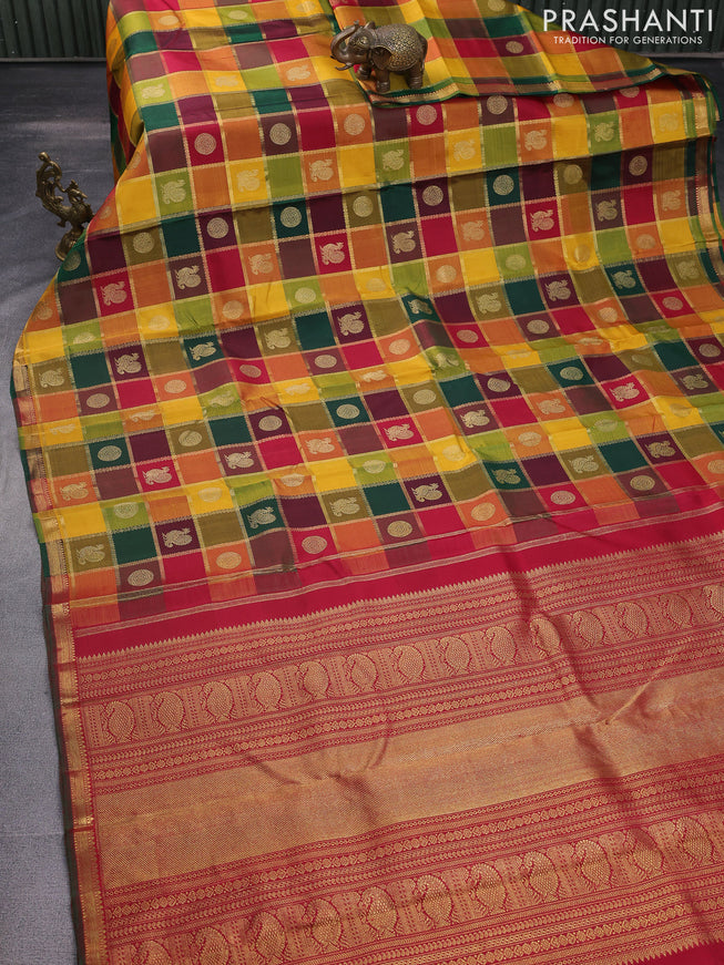 Pure kanchipuram silk saree multi colour and maroon with allover paalum pazhamum zari checks & buttas and zari woevn piping border